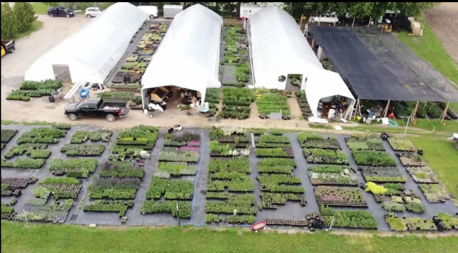 Aerial view of Glacial Stone Nursery growing areas and hoop houses.
