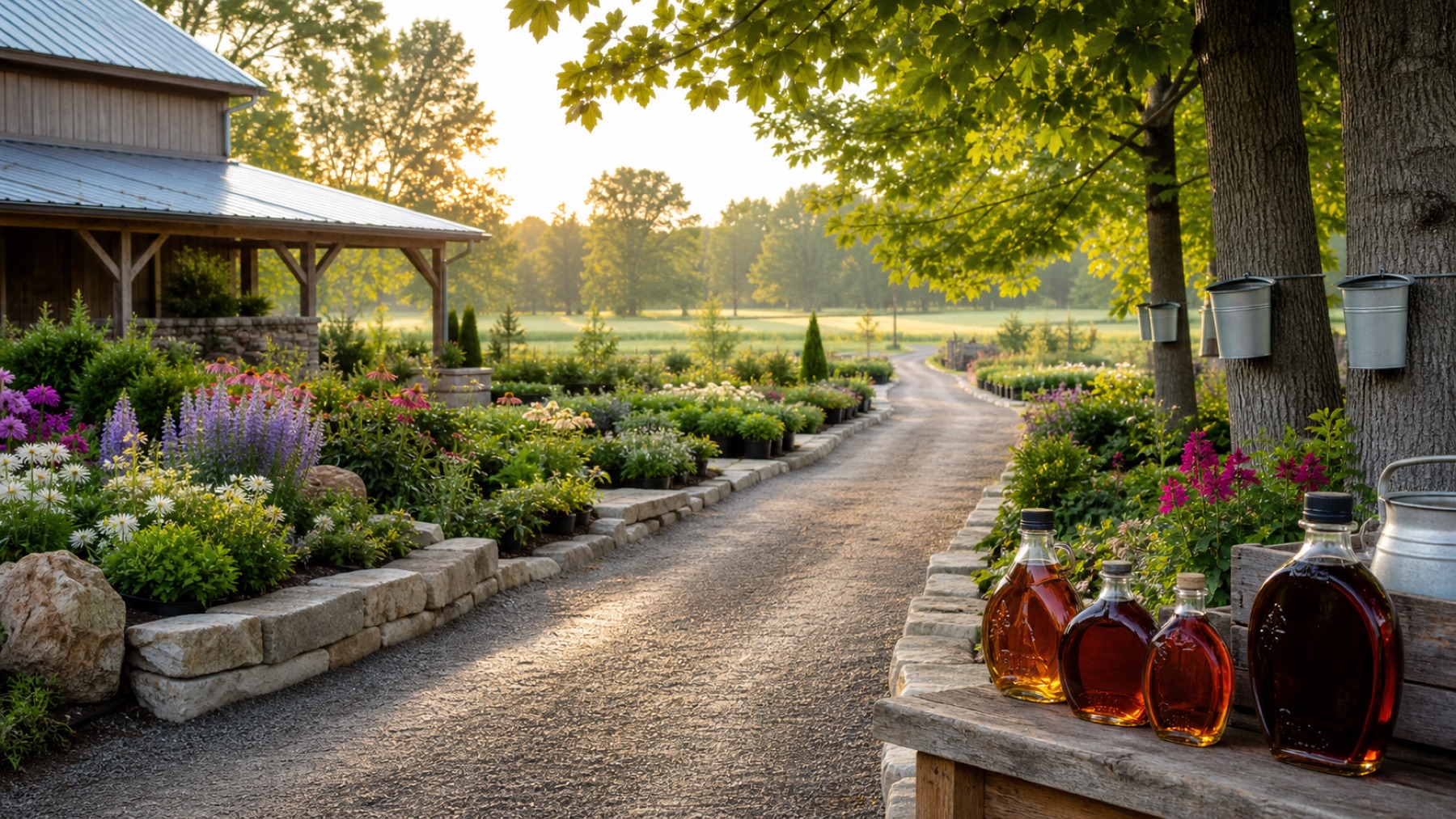 Perennial nursery path with stone edging and maple syrup bottles in a rural Wisconsin setting.