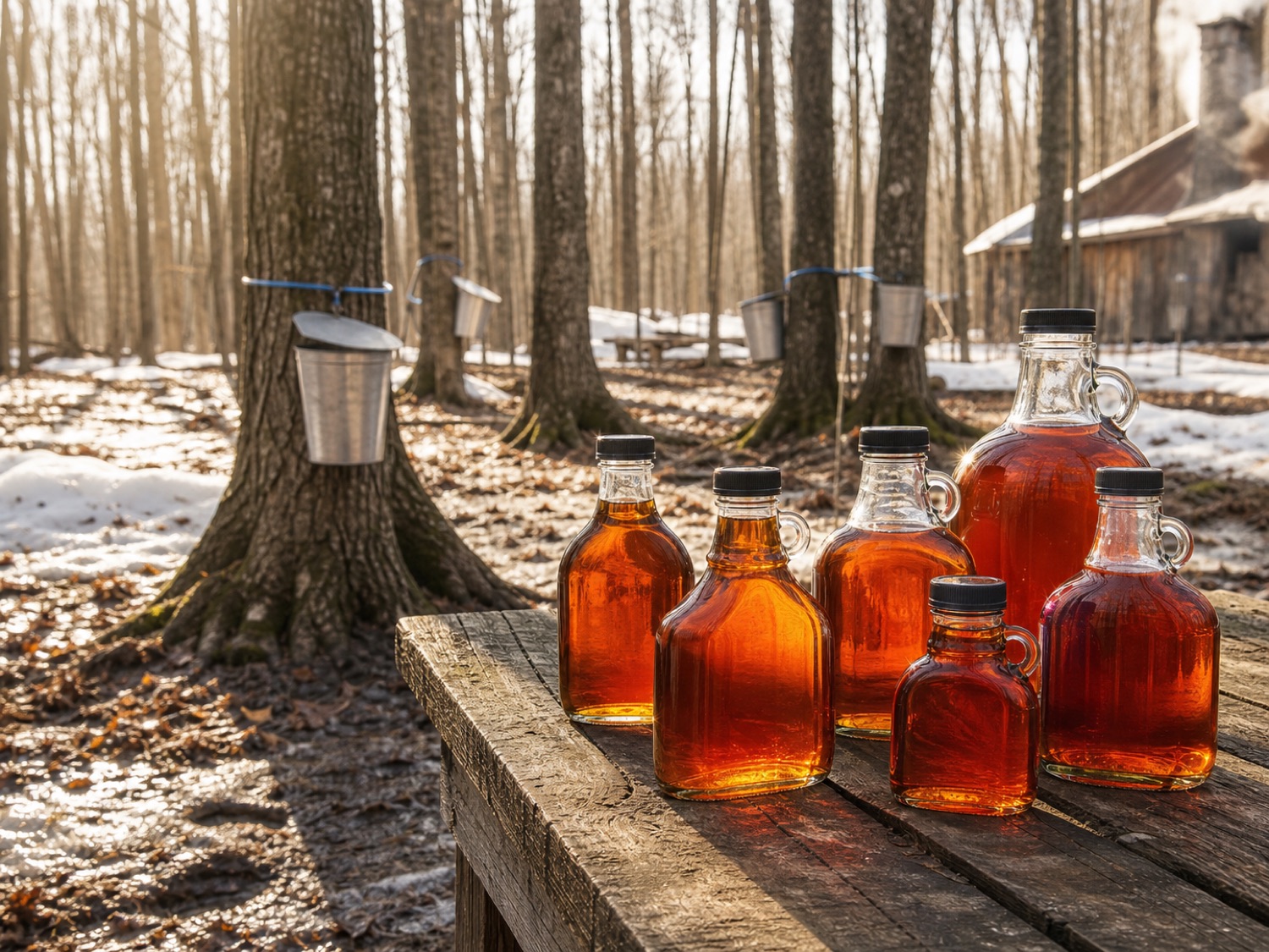Maple syrup bottles in a tapped maple woods during syrup season.
