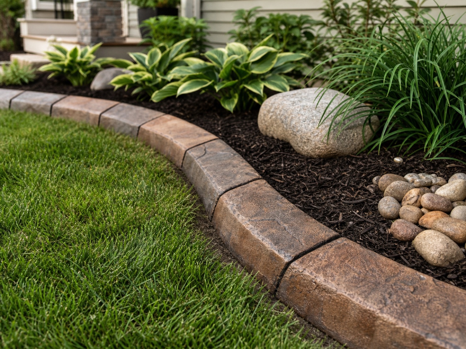 Close-up of stone-textured decorative concrete curbing beside mulch, hostas, and lawn.