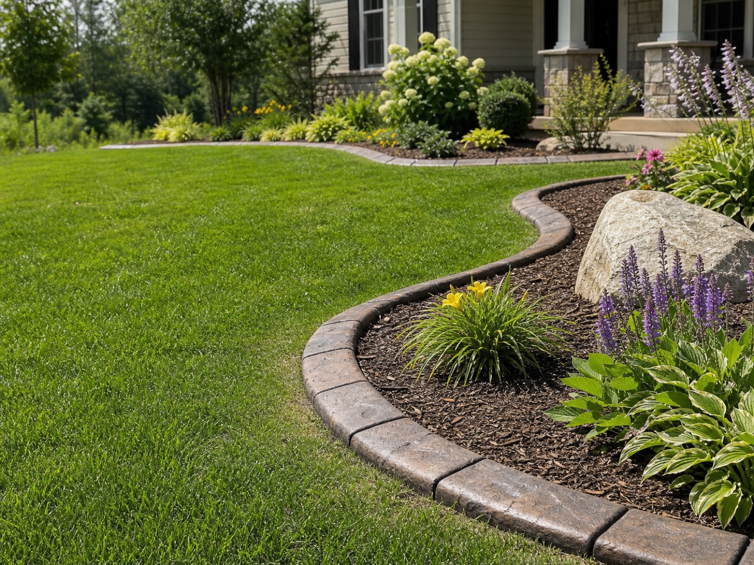 Decorative concrete curbing around a landscaped residential garden bed.
