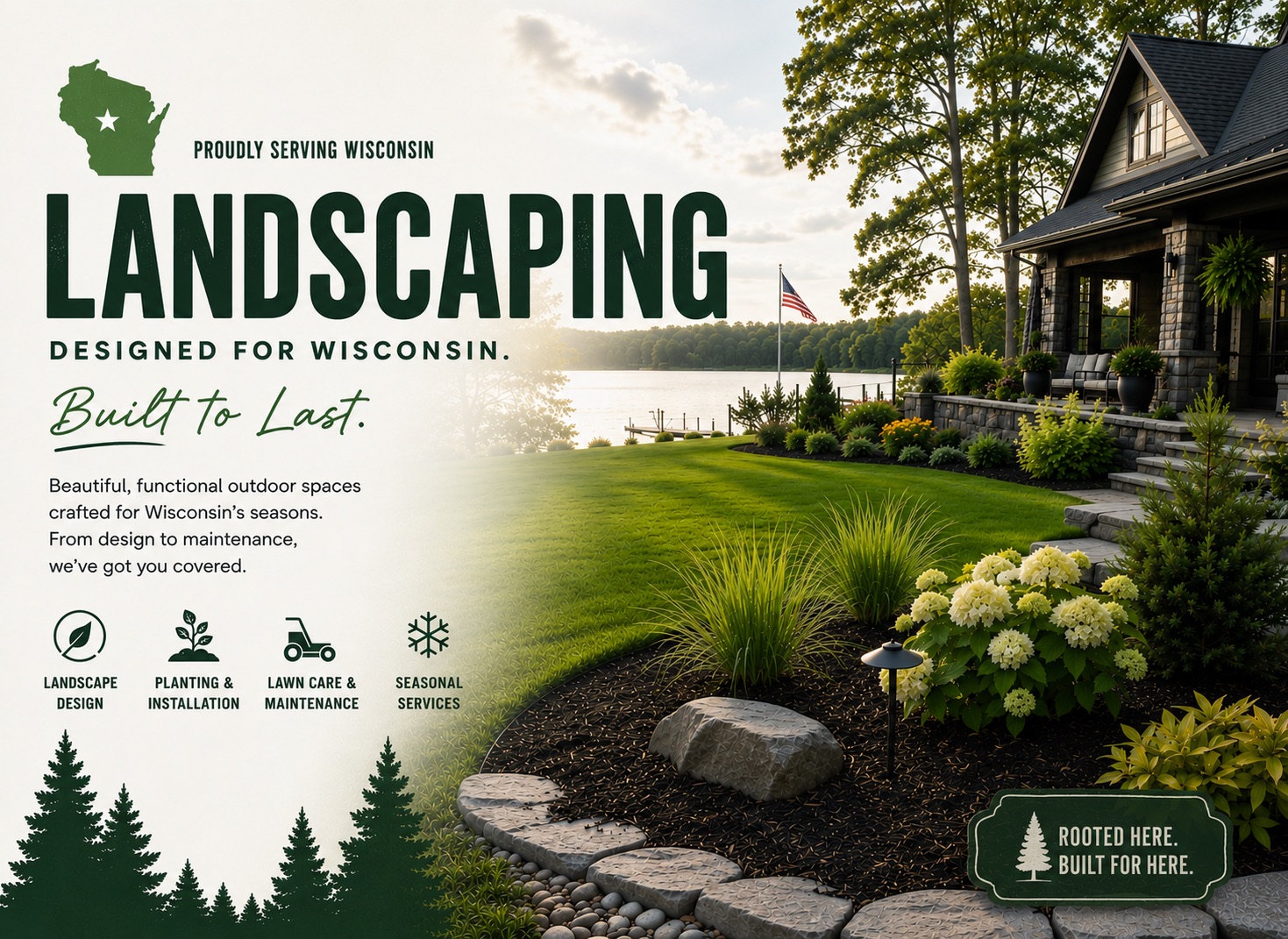 Pony Creek landscaping graphic showing a Wisconsin lawn, planting beds, stone accents, and seasonal outdoor services.